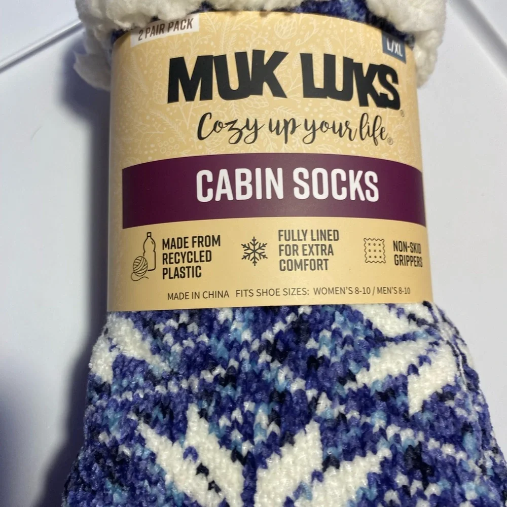 Muk Luks, Cabin socks Blue Snowflakes & Blue/Purple Colors, Size L/XL